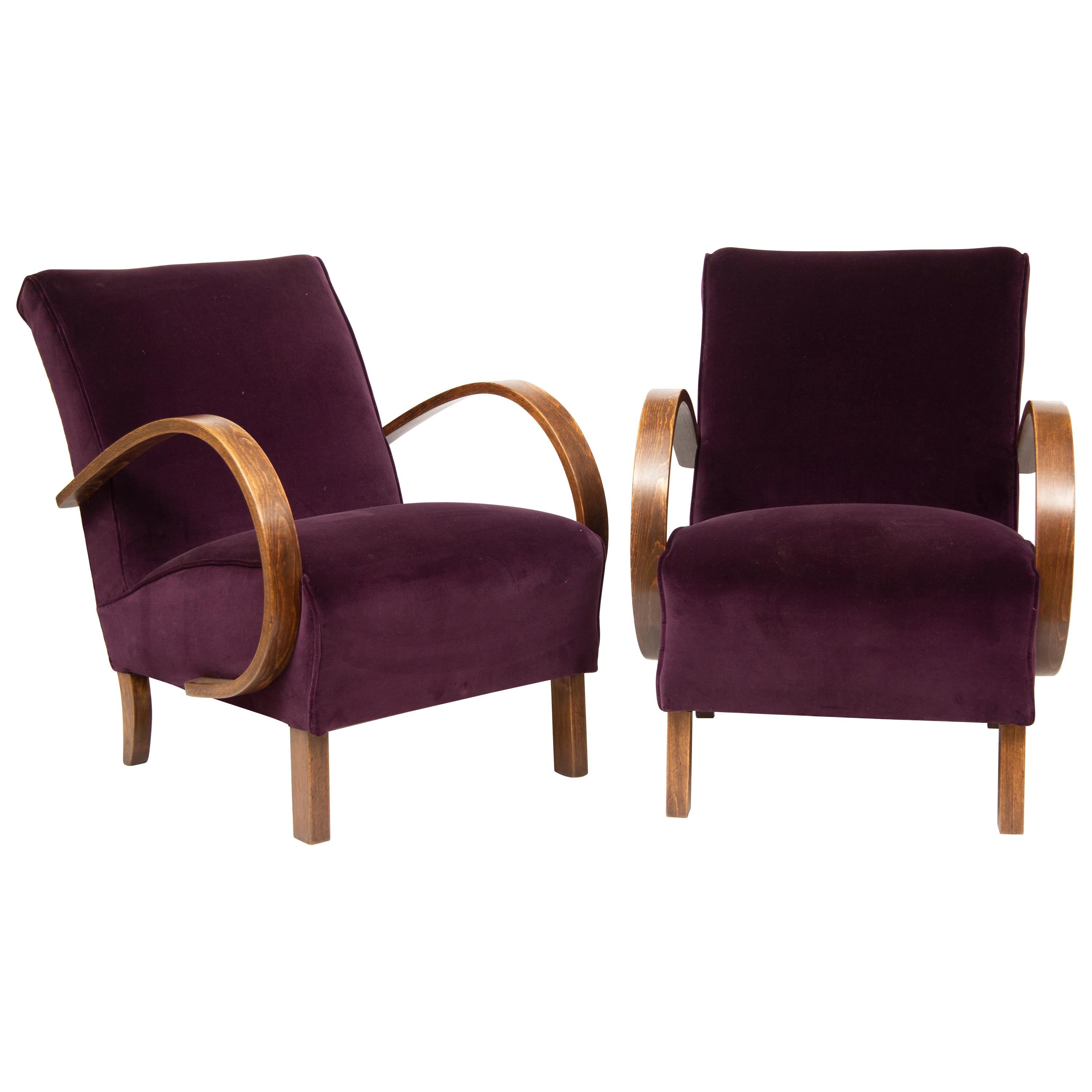 Pair of 1930s Art Deco Redcurrant Armchairs Lounge Chairs by Jindrich Halabala