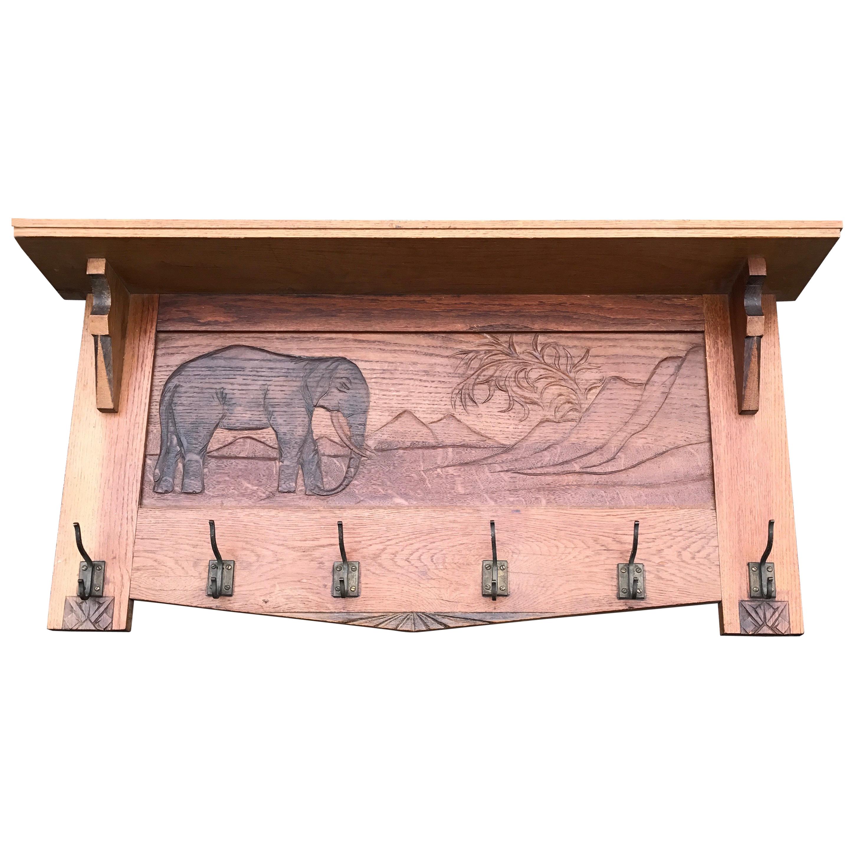 Large Size and Hand Carved Art Deco Wall Coat Rack with Bull Elephant in Relief