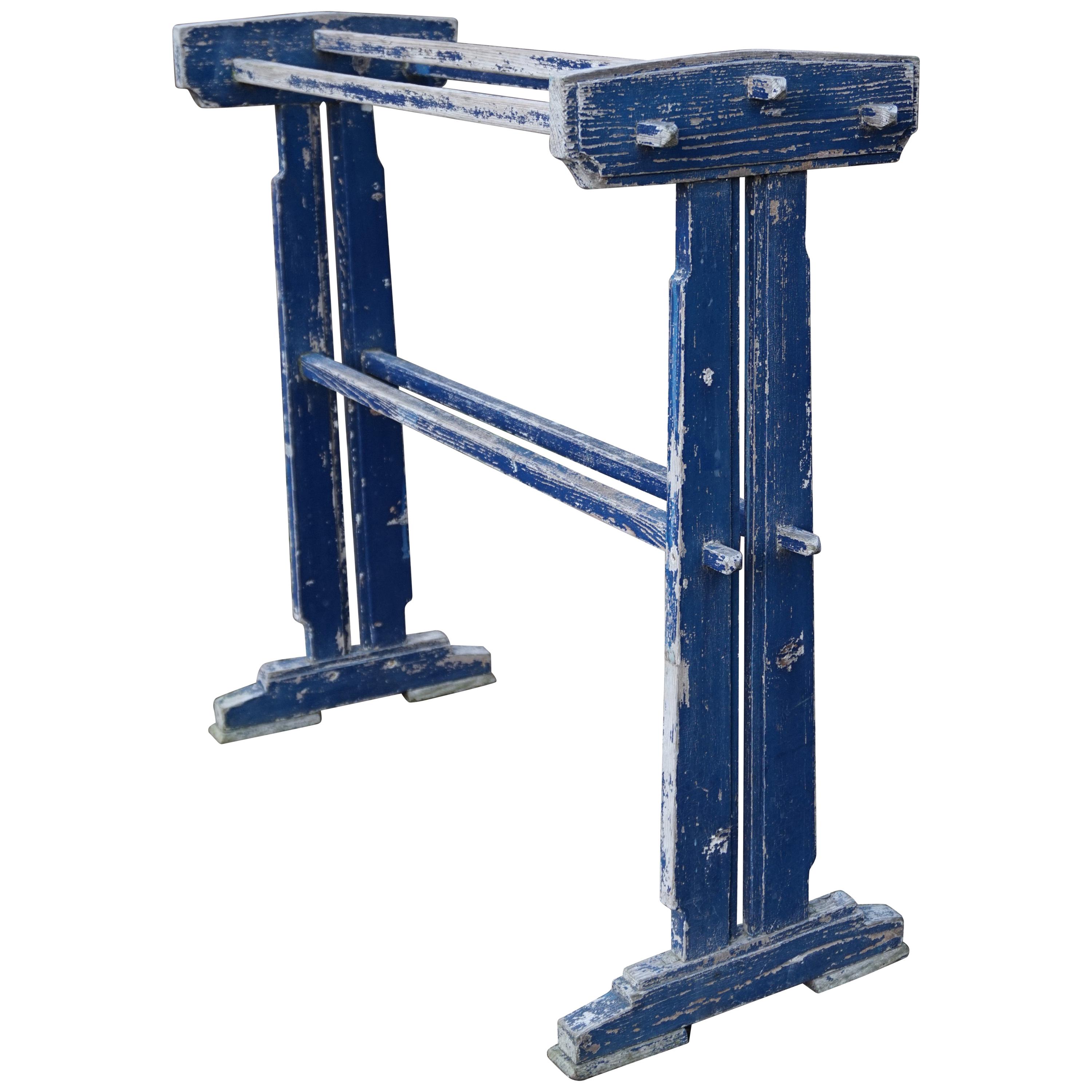 Perfectly Original, Time Worn and Blue Painted Art Deco Towel or Painting Rack For Sale