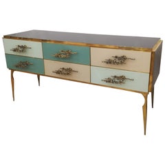 Enfilade with 6 Drawers in Opaline Glass and Brass