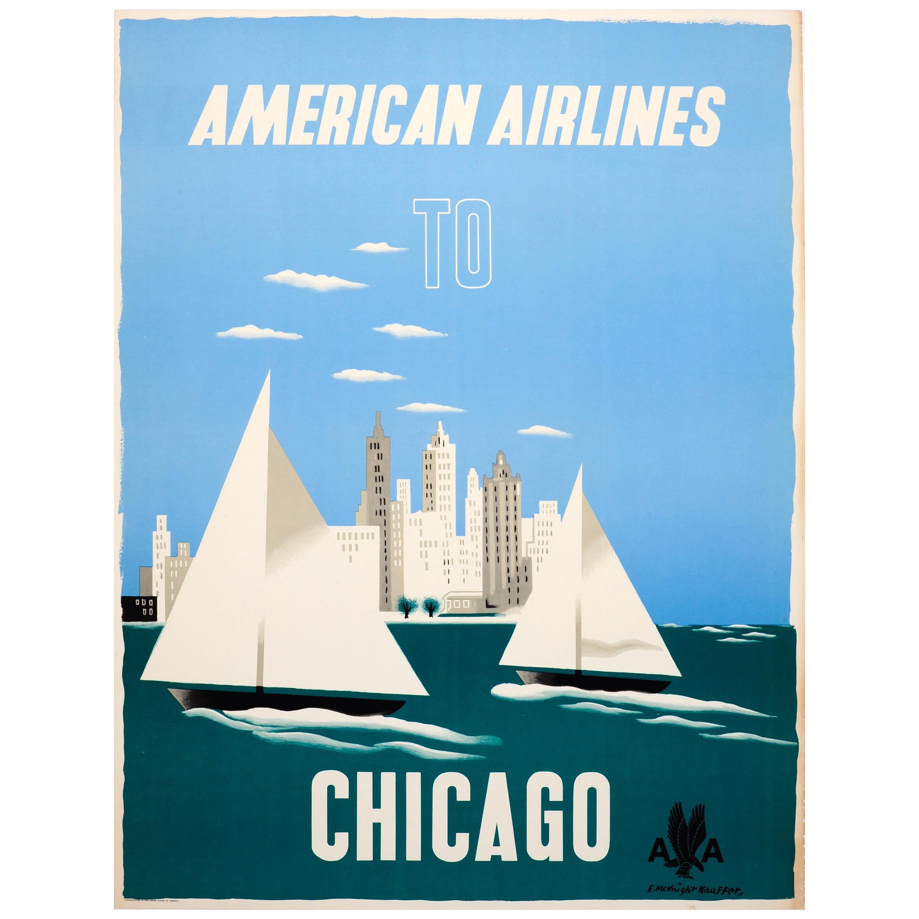 Original Vintage Travel Poster American Airlines to Chicago Ft Sailing City View