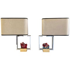 1970s 2 Asymmetrical Nickel and Brass Table Lamps with Murano Red Glass Rocks