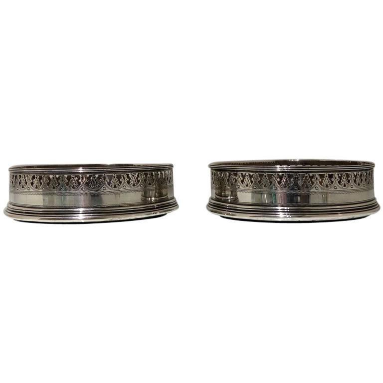 18th Century Antique George III Pair Sterling Silver Wine Coasters, London, 1791 For Sale