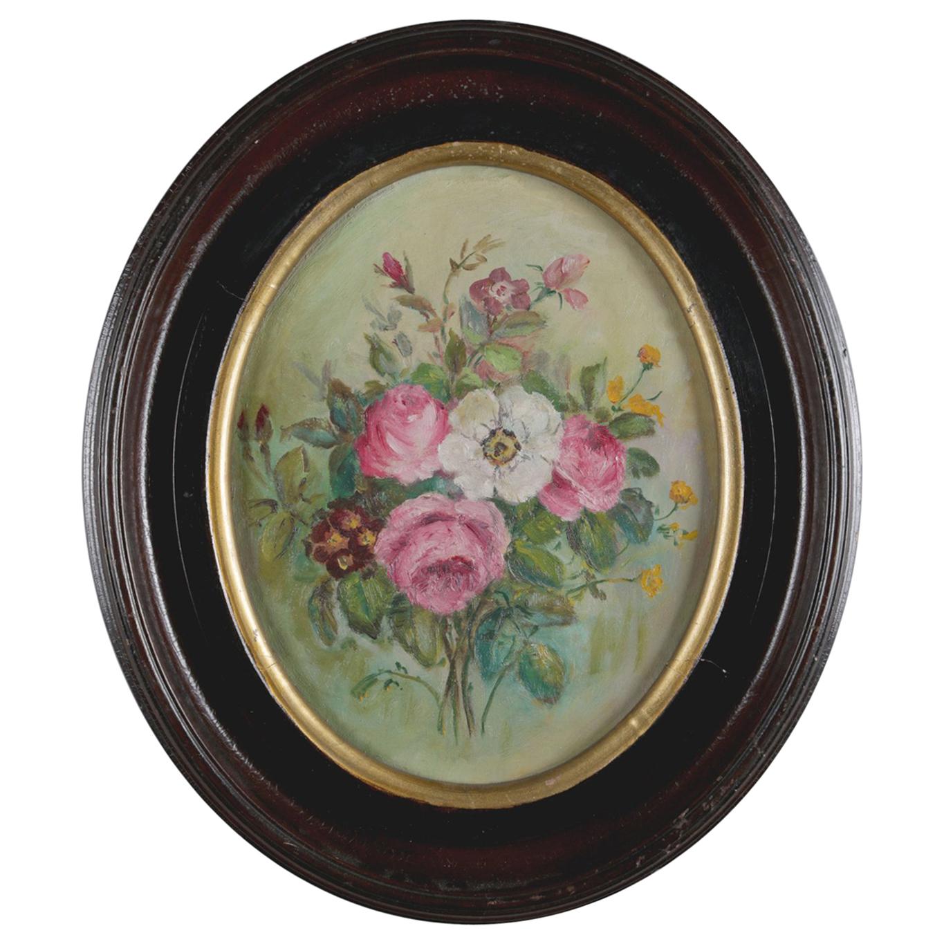 Antique Still Life Oil on Canvas Floral Bouquet in Deep Walnut Frame, circa 1890