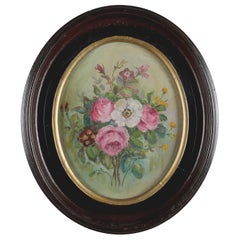 Antique Still Life Oil on Canvas Floral Bouquet in Deep Walnut Frame, circa 1890