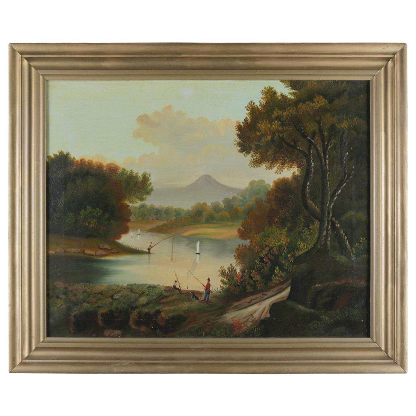 Antique Thomas Chambers School Oil on Canvas Landscape with Figures, circa 1890