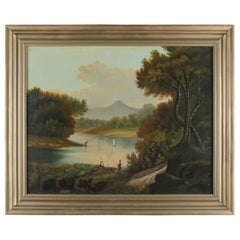 Antique Thomas Chambers School Oil on Canvas Landscape with Figures, circa 1890