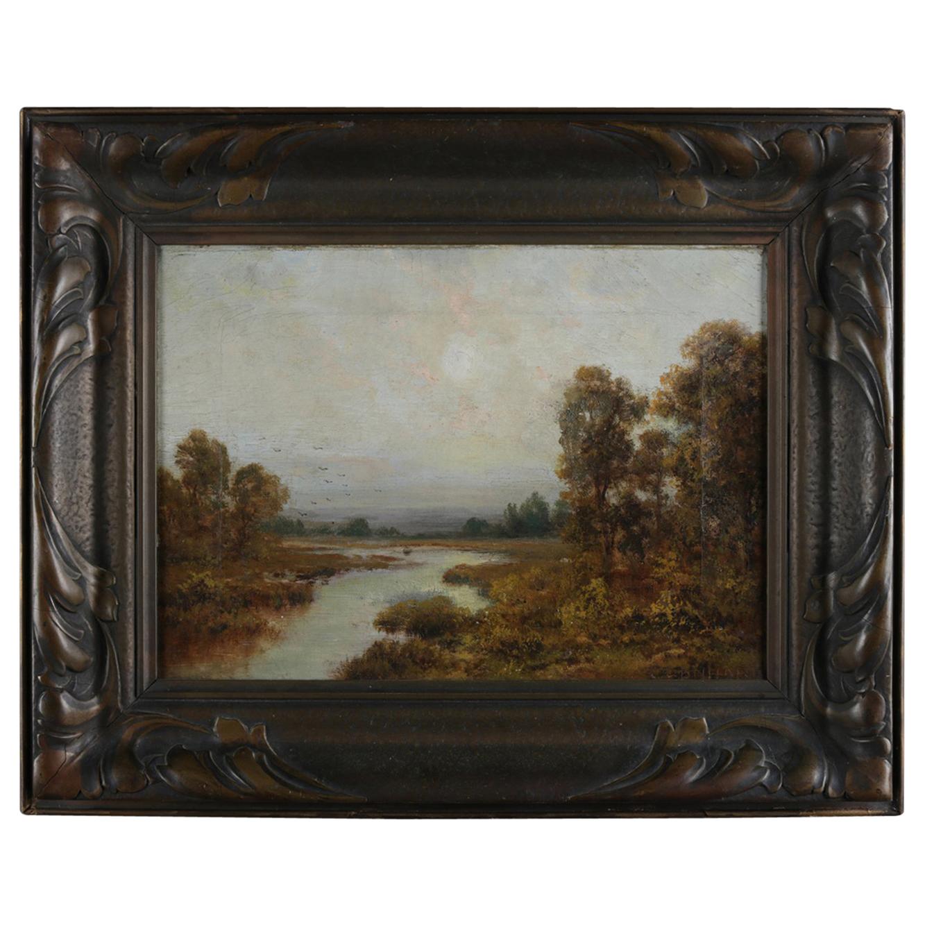 Antique Hudson River School Signed Oil on Canvas Landscape Stream Painting