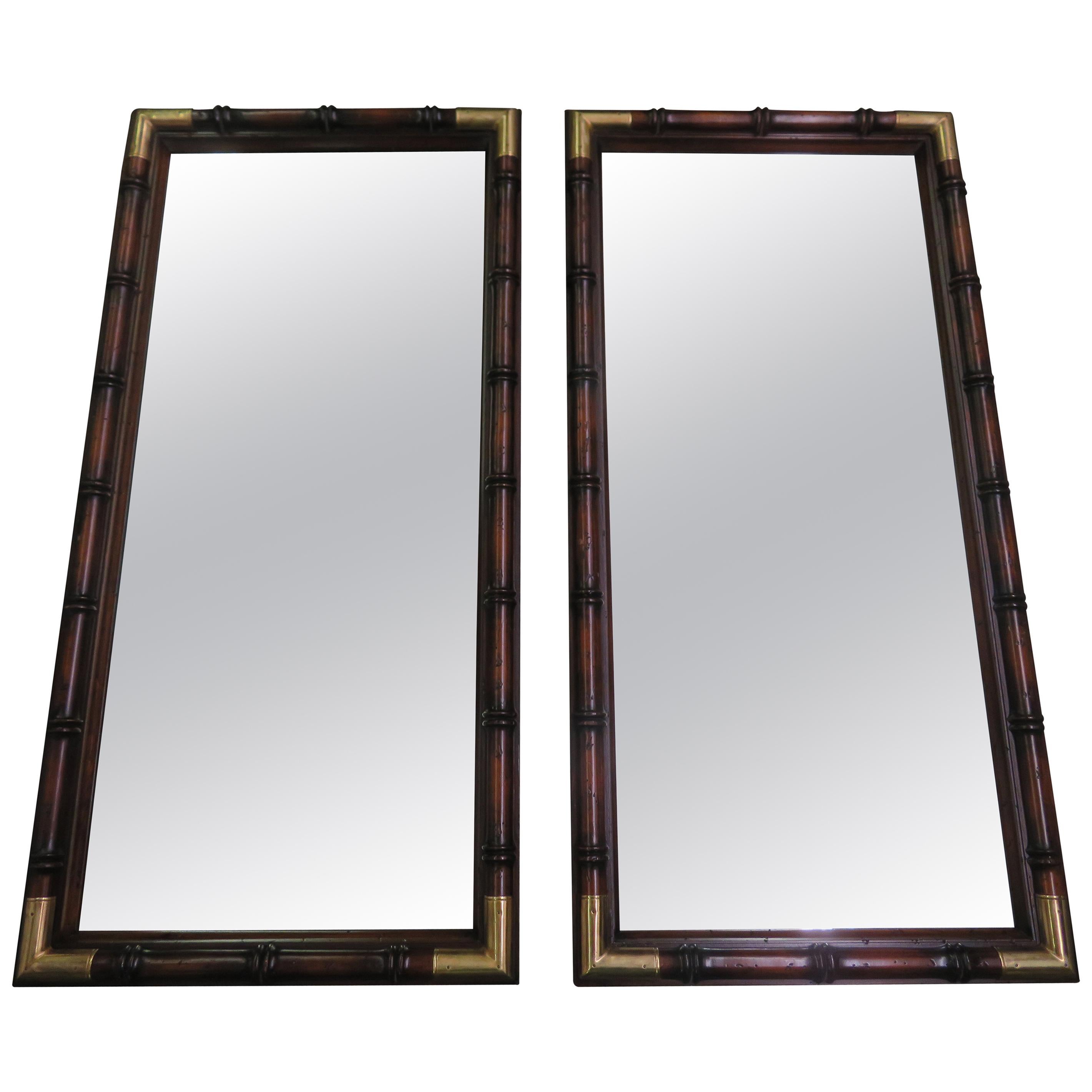 Handsome Pair Faux Bamboo Brass Campaign Mirrors, Mid-Century Modern