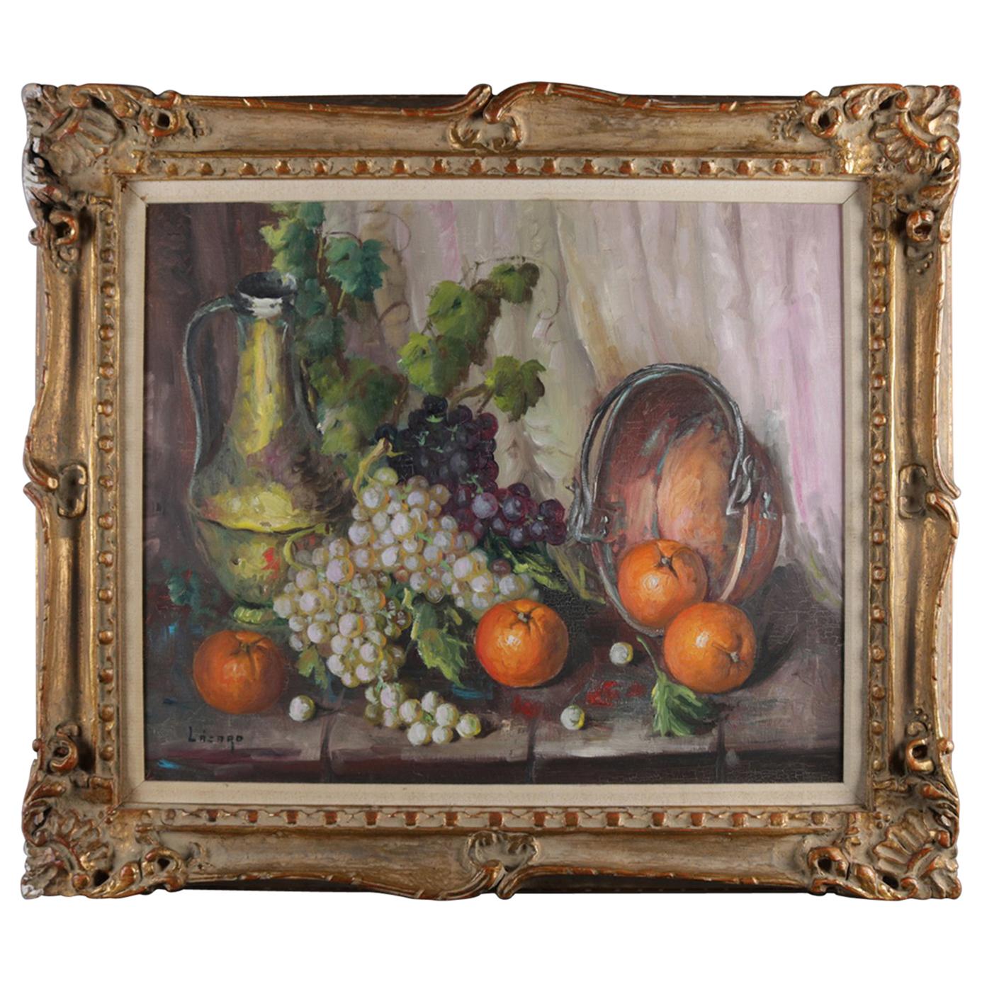 Vintage Spanish Oil on Canvas Still Life of Fruit & Wine by V. Lazaro