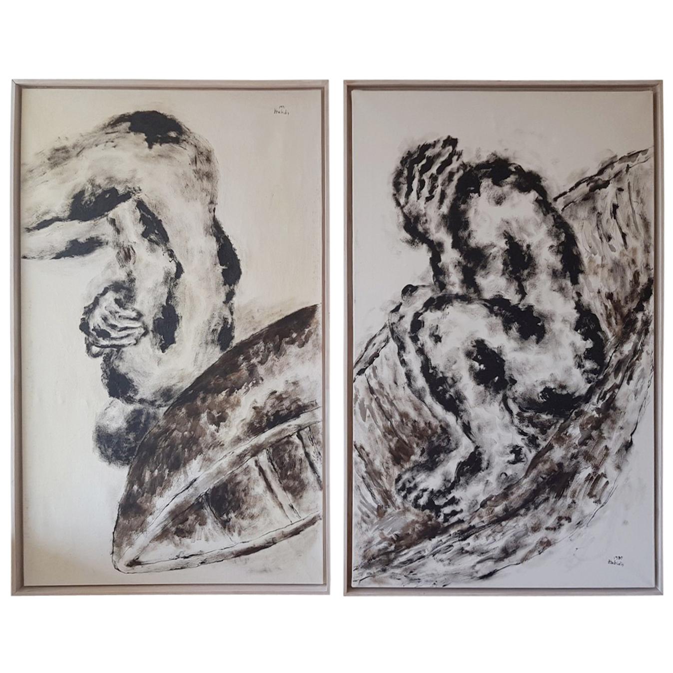 Set of 2 Paintings by Pavlos Habidis, Oil and Ink on Canvas, 1989 and 1991 For Sale