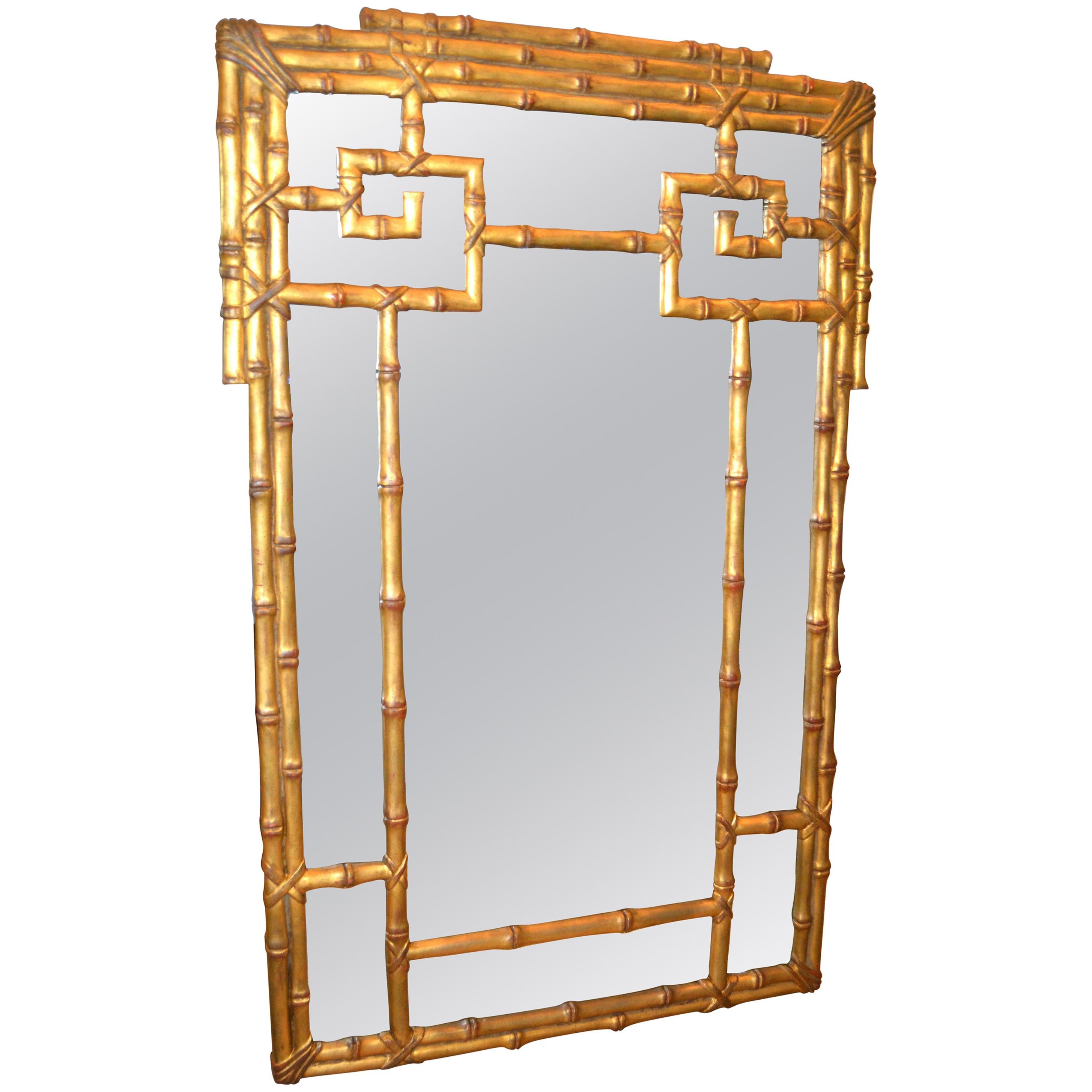 Hollywood Regency Gold Leaf Faux Bamboo Greek Key Wall Mirror