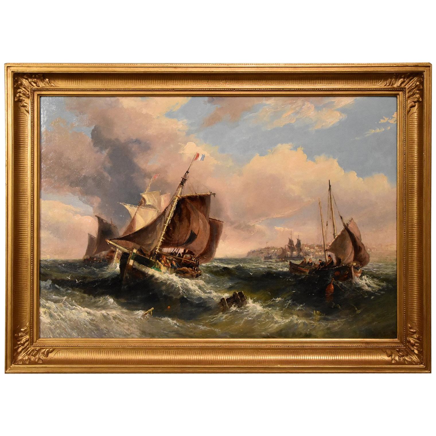 "Fishing Boats in Choppy Seas" by Samuel Calvert For Sale
