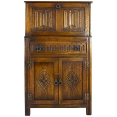 Antique Cocktail Cabinet, Oak Drinks Cabinet, Lift Up Top Drinks Cabinet