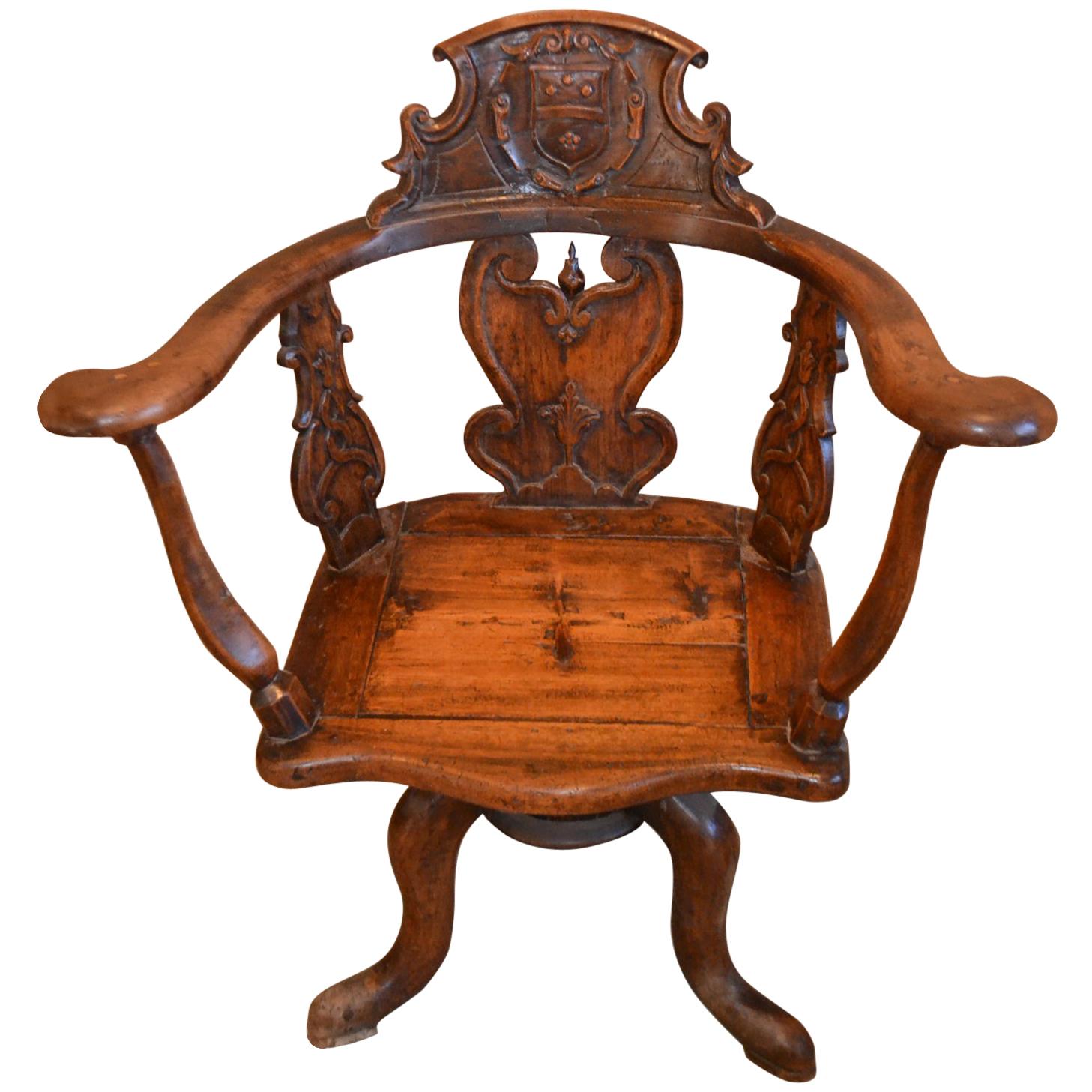 19th Century Swiss Hand Carved Wood Swivel Desk Chair For Sale