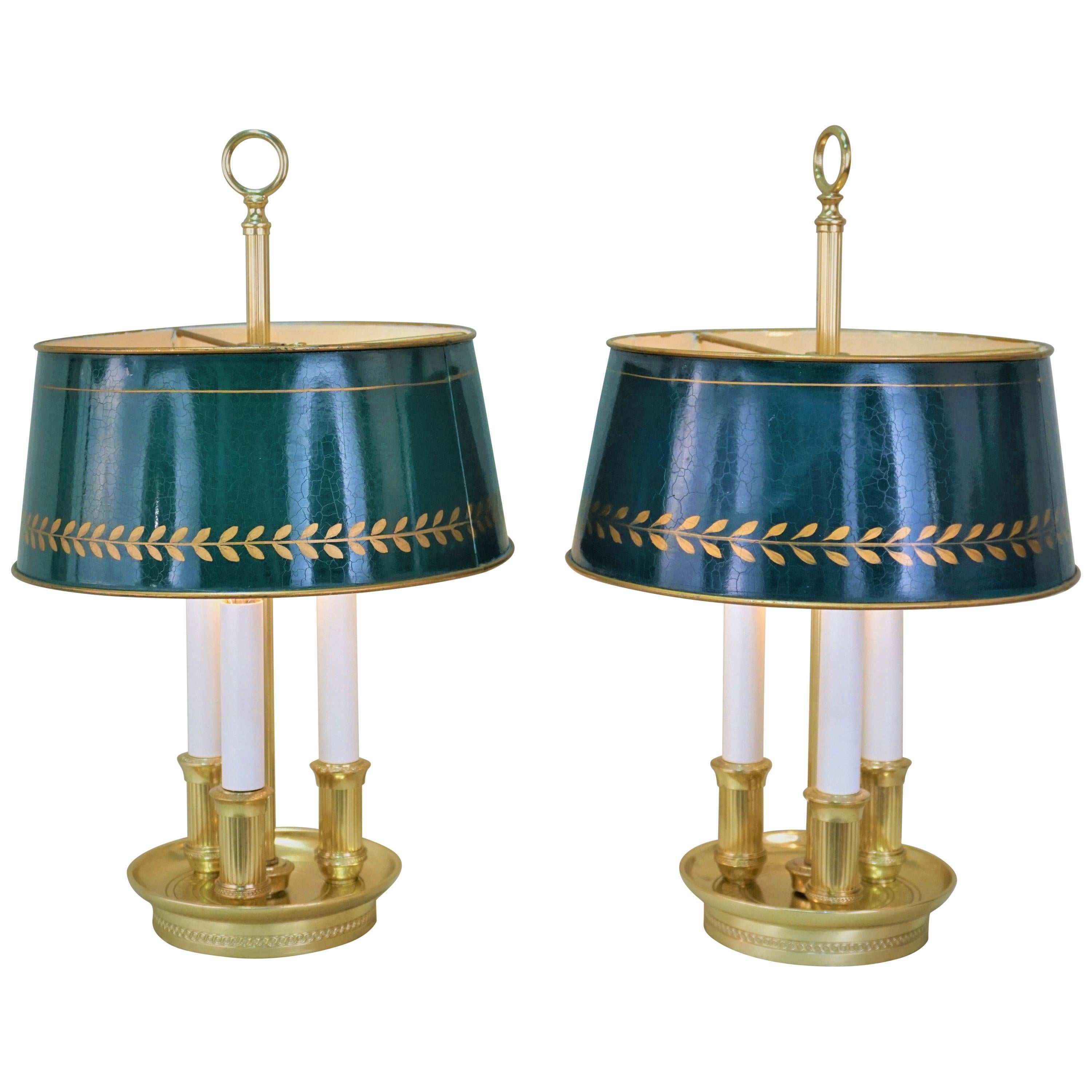 Pair of French Bouillotte Desk Lamps with Tole Shades