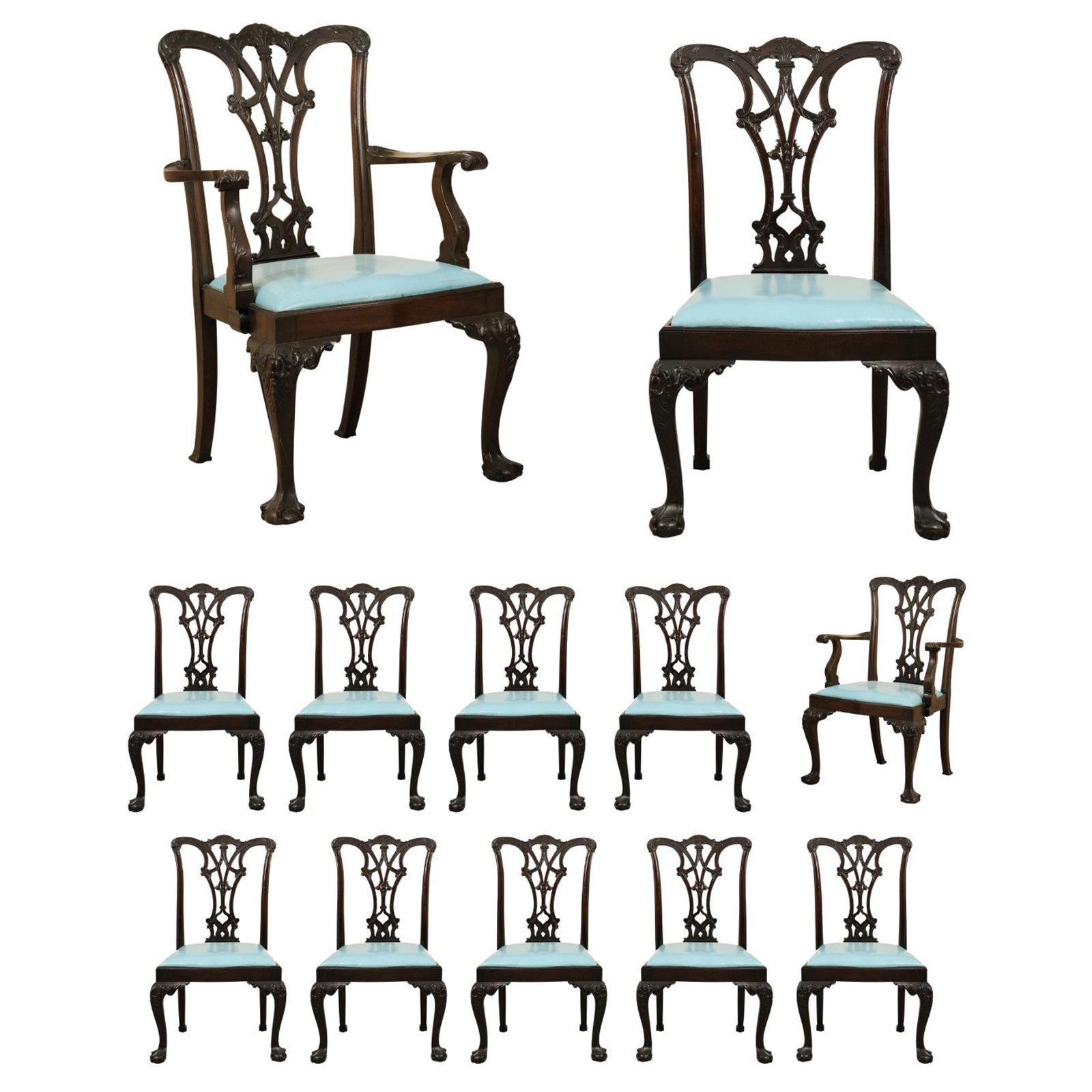 Set of 12 Chippendale Style Mahogany Dining Chairs, England, circa 1890 For Sale