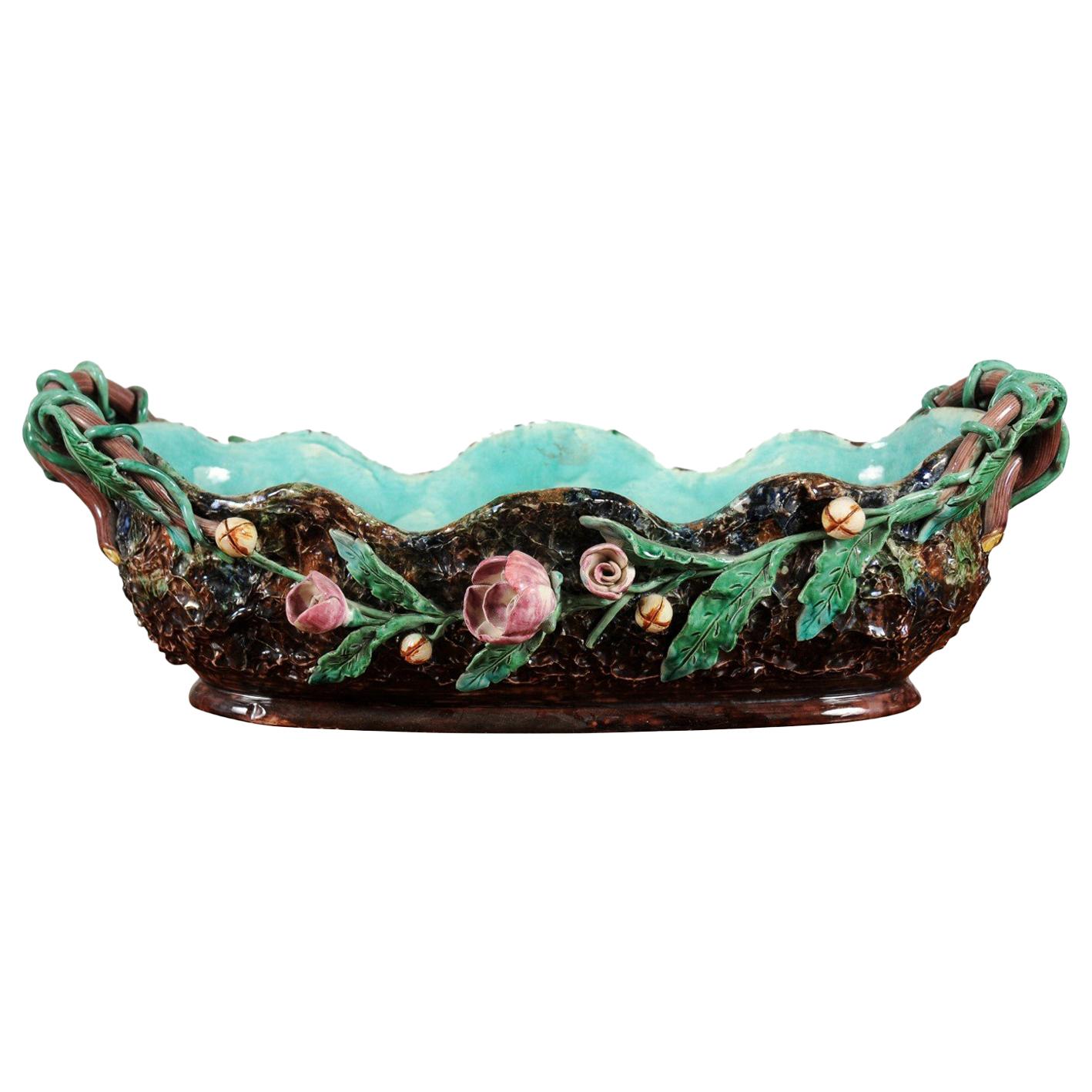 French 1850s Barbotine Majolica Jardinière by Thomas Sargent with Floral Décor