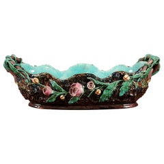 Antique French 1850s Barbotine Majolica Jardinière by Thomas Sargent with Floral Décor