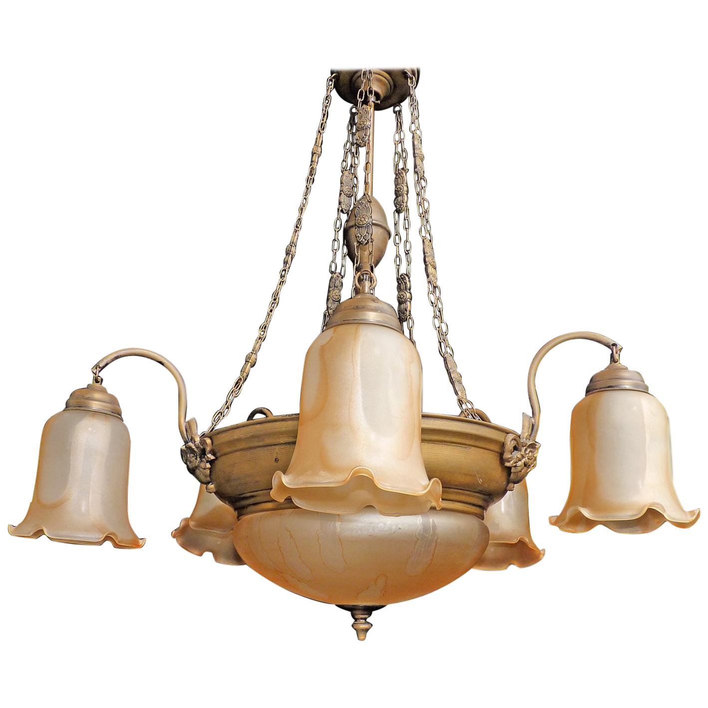 Lustre à 7 lumières ancien en verre ambré Art Déco et Art Nouveau français