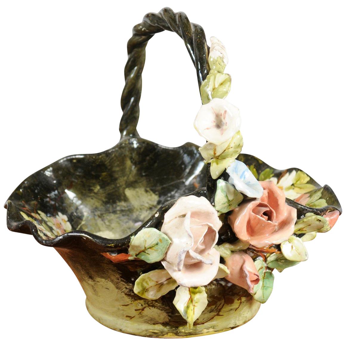 19th Century French Barbotine Jardinière Basket with High Relief Pastel Flowers