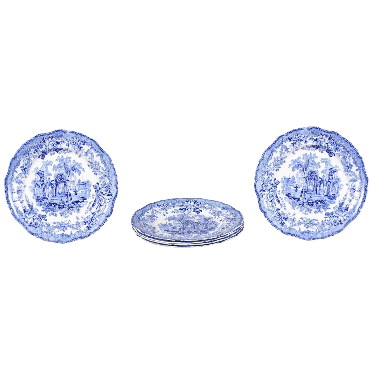 Assiettes de transfert anglaises bleues et blanches avec motifs de ruines gothiques, 19ème siècle