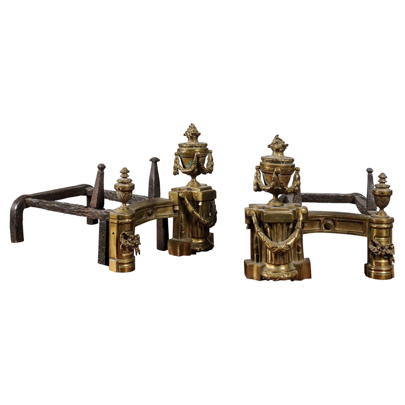 Pair of English Neoclassical Style Brass Andirons circa 1860 with Fire Urns For Sale