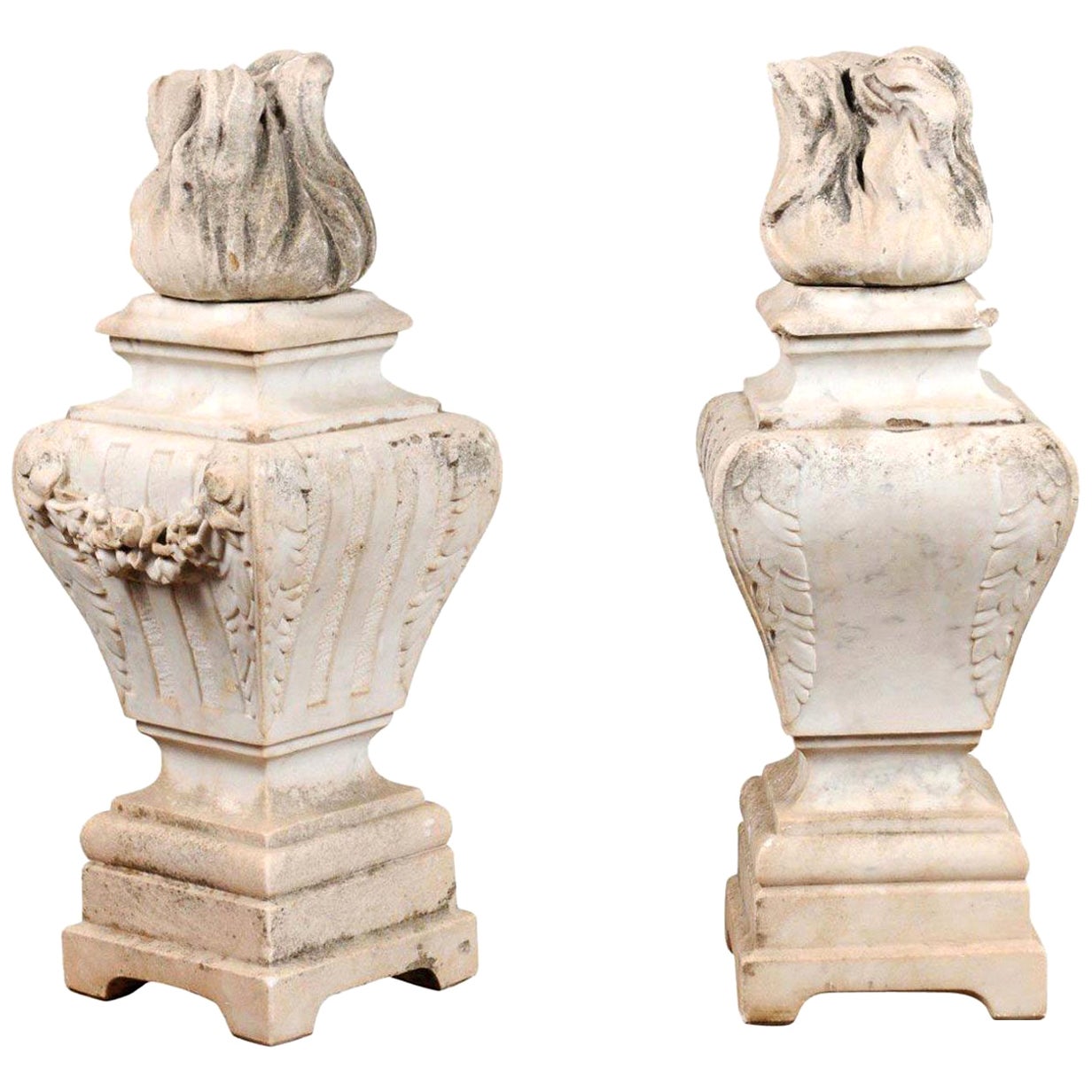 Pair of French 19th Century Hand Carved White Marble Pots À Feu with Swags