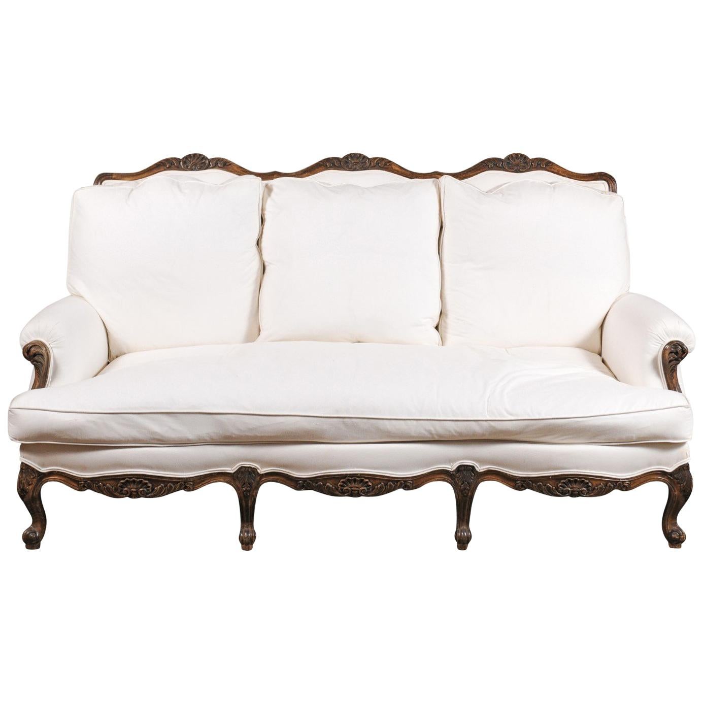 French Louis XV Style 19th Century Carved Wood Three-Seat Sofa with Shell Motifs