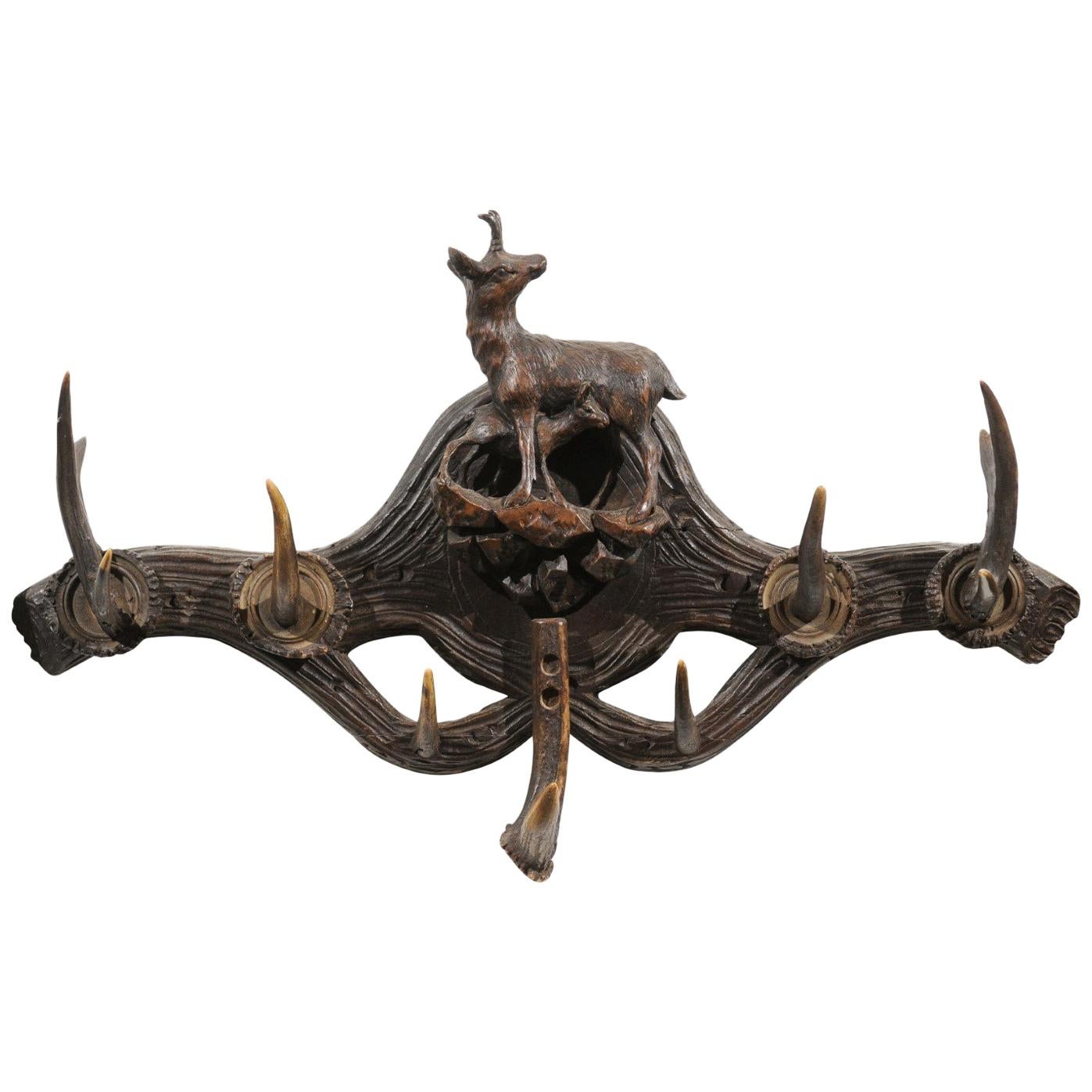 Eastern French 19th Century Walnut Hat Rack with Carved Chamois and Her Young