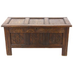 Antique Oak Blanket Box, Carved Oak Coffer, Carved Oak Trunk, Scotland 1780