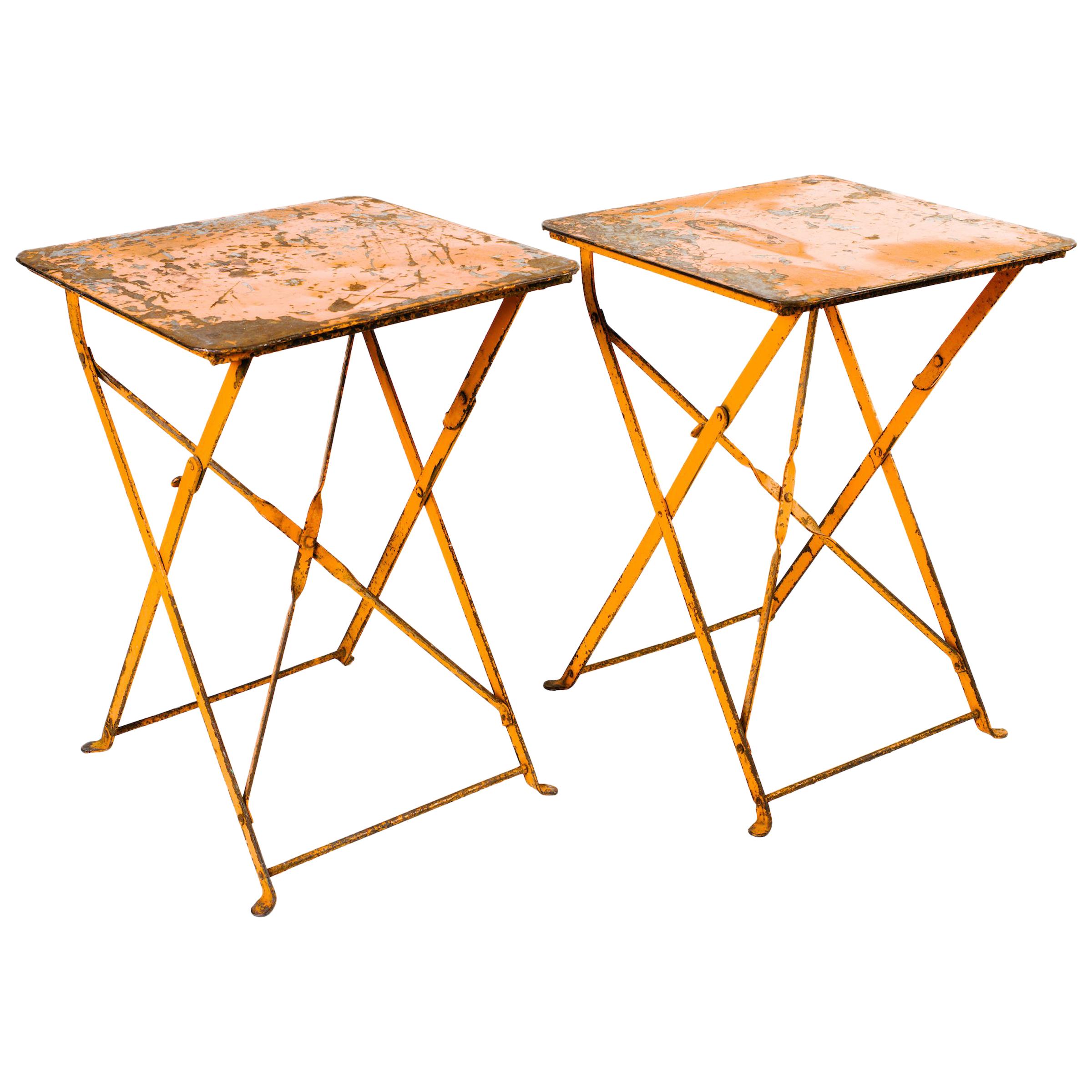 Pair of French Antique Iron Folding Garden Tables in Distressed Orange, c 1930's