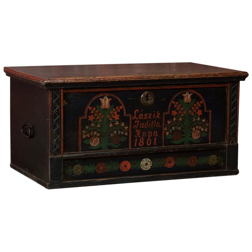 Antique Folk Art Painted Trunk from Hungary