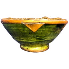 Moroccan Green Tamegroute Handmade Pottery Bowl with Brass Rim