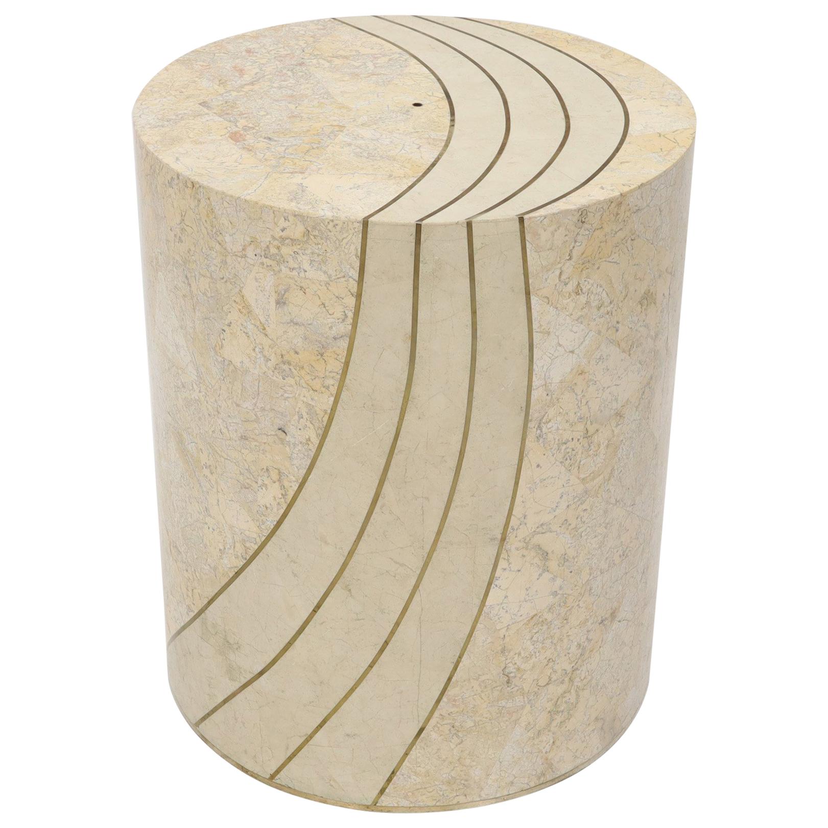 Grand piédestal de table à manger cylindrique en placage de pierre tessellée et incrustation de laiton