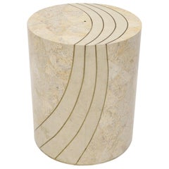 Large Cylinder Tessellated Stone Veneer Brass Inlay Dining Table Base Pedestal