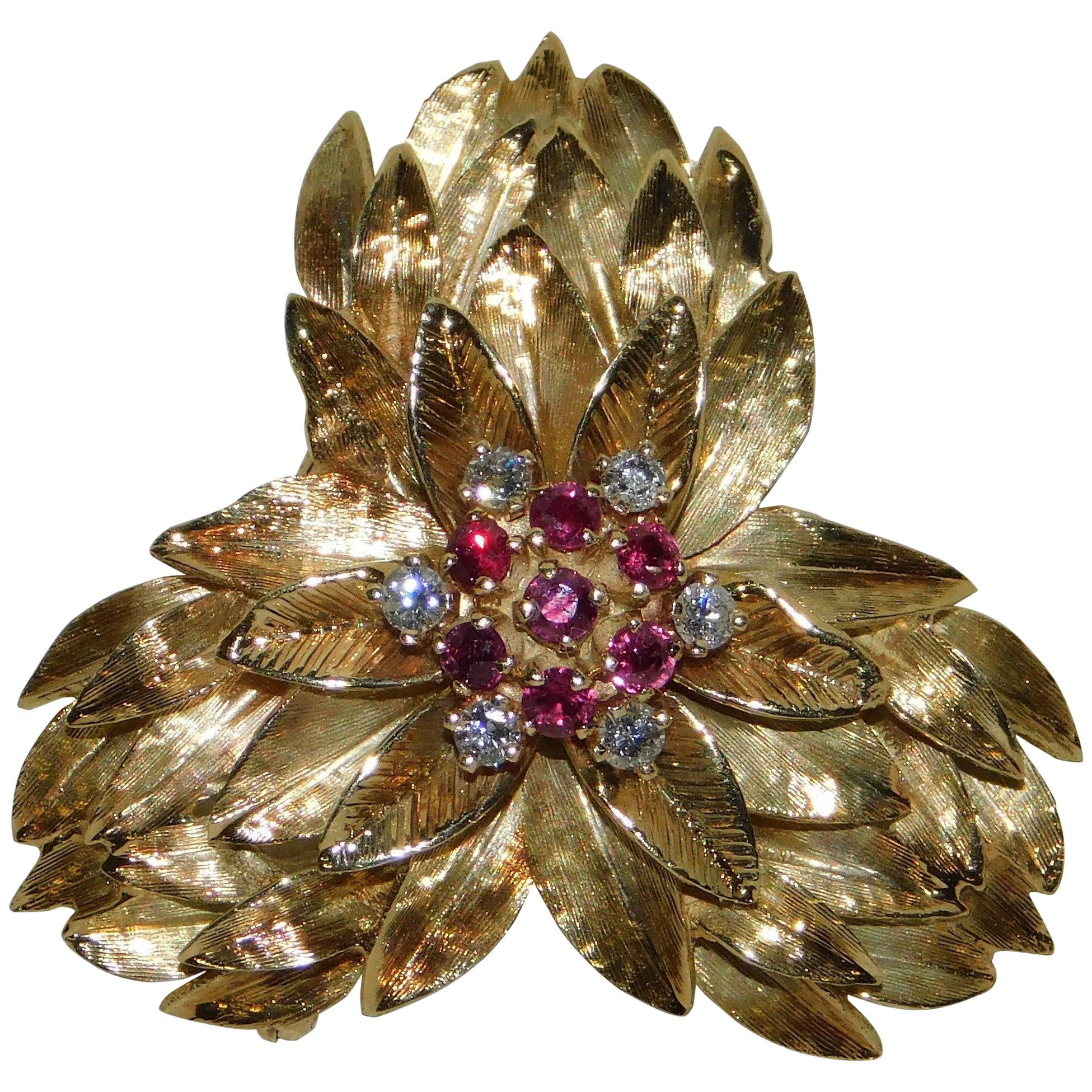 14K Gold Lady's Floral Design Brooch/Pendant with Cut 7 Rubies and 6 Diamonds For Sale
