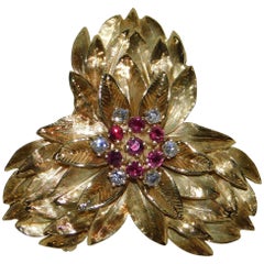 14K Gold Lady's Floral Design Brooch/Pendant with Cut 7 Rubies and 6 Diamonds