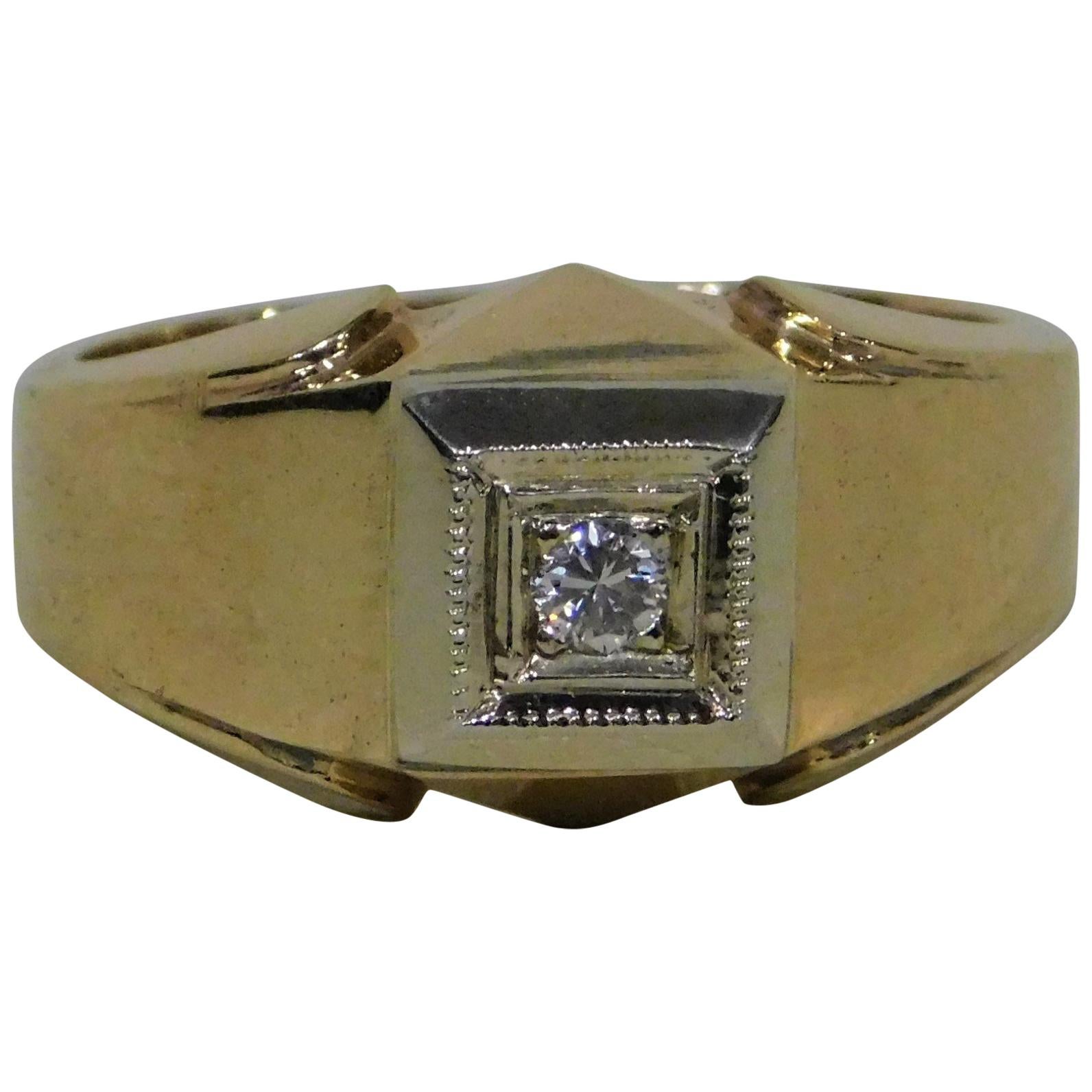14-Karat Yellow Gold Man's Cut Diamond Square Top Ring For Sale
