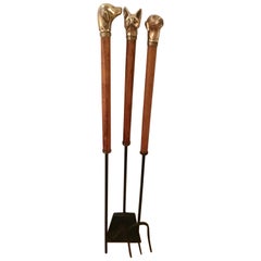 Set of 3 Fireplace Tools with Bronze Dog and Fox Carved Heads