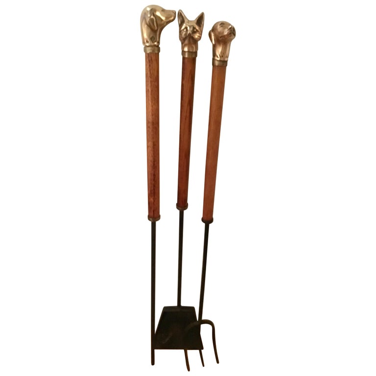 Set Of 3 Fireplace Tools With Bronze Dog And Fox Carved Heads At