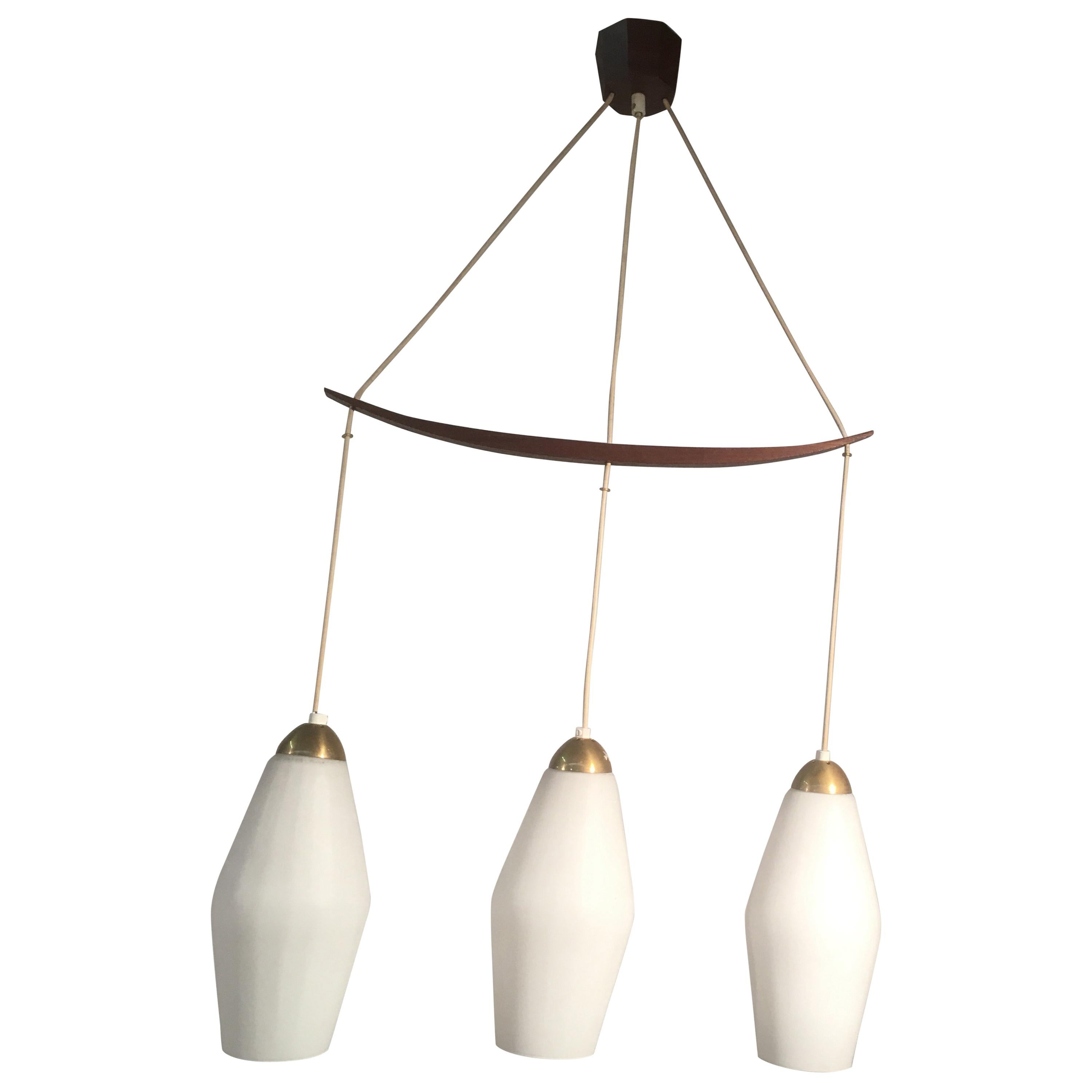 Scandinavian Style Chandelier with Teak and Opaline, circa 1960 For Sale