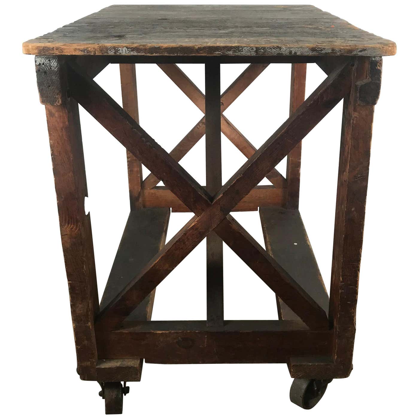 Antique Industrial Factory Work Table on Iron Castors For Sale at ...