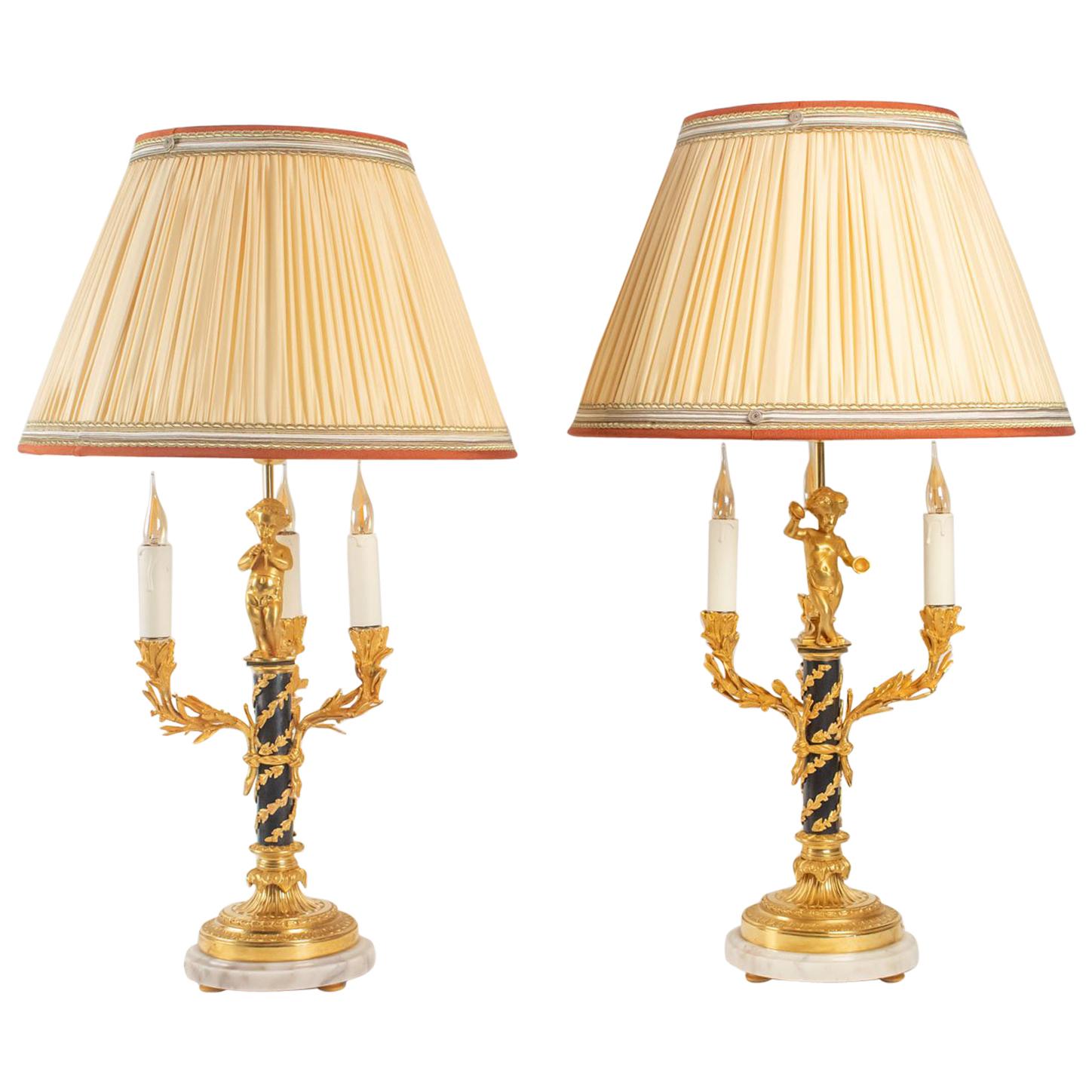 Pair of Lamps in Love, 3 Lights, Gilt Bronze, Patinated, Louis XVI Style