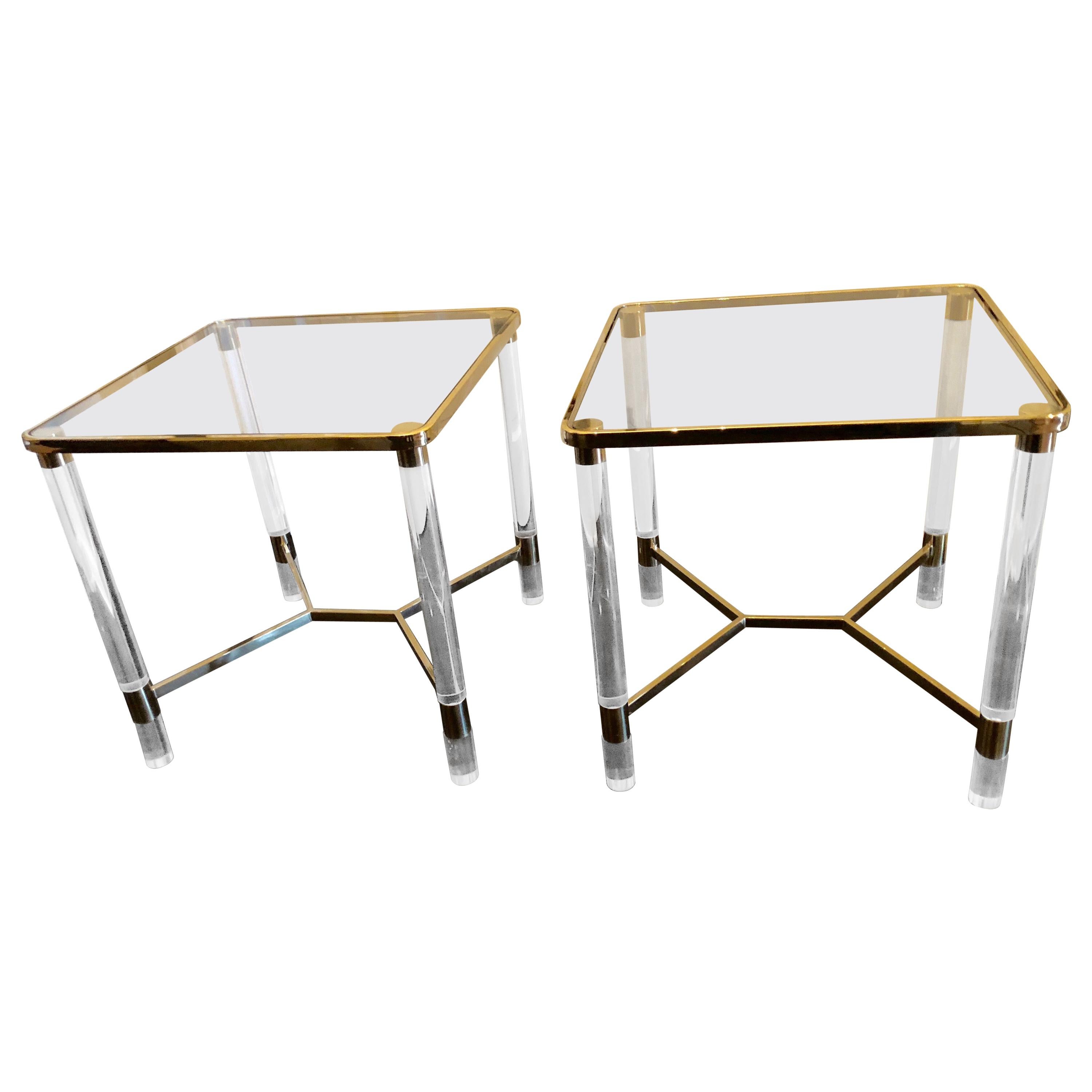 Super Versatile Elegant Pair of Lucite and Brass End Tables