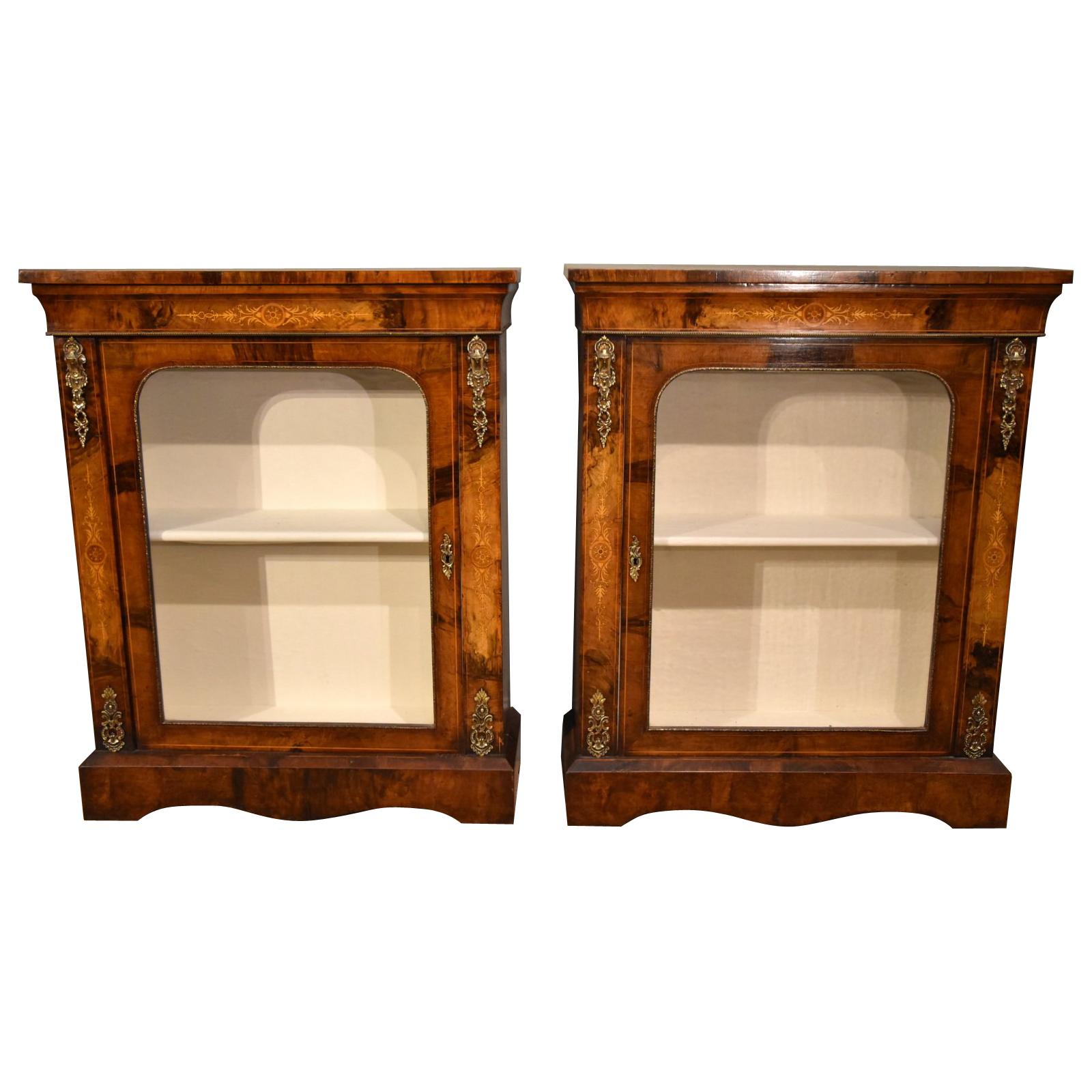 Exquisite Pair of Inlaid Walnut Brass Pier Cabinets