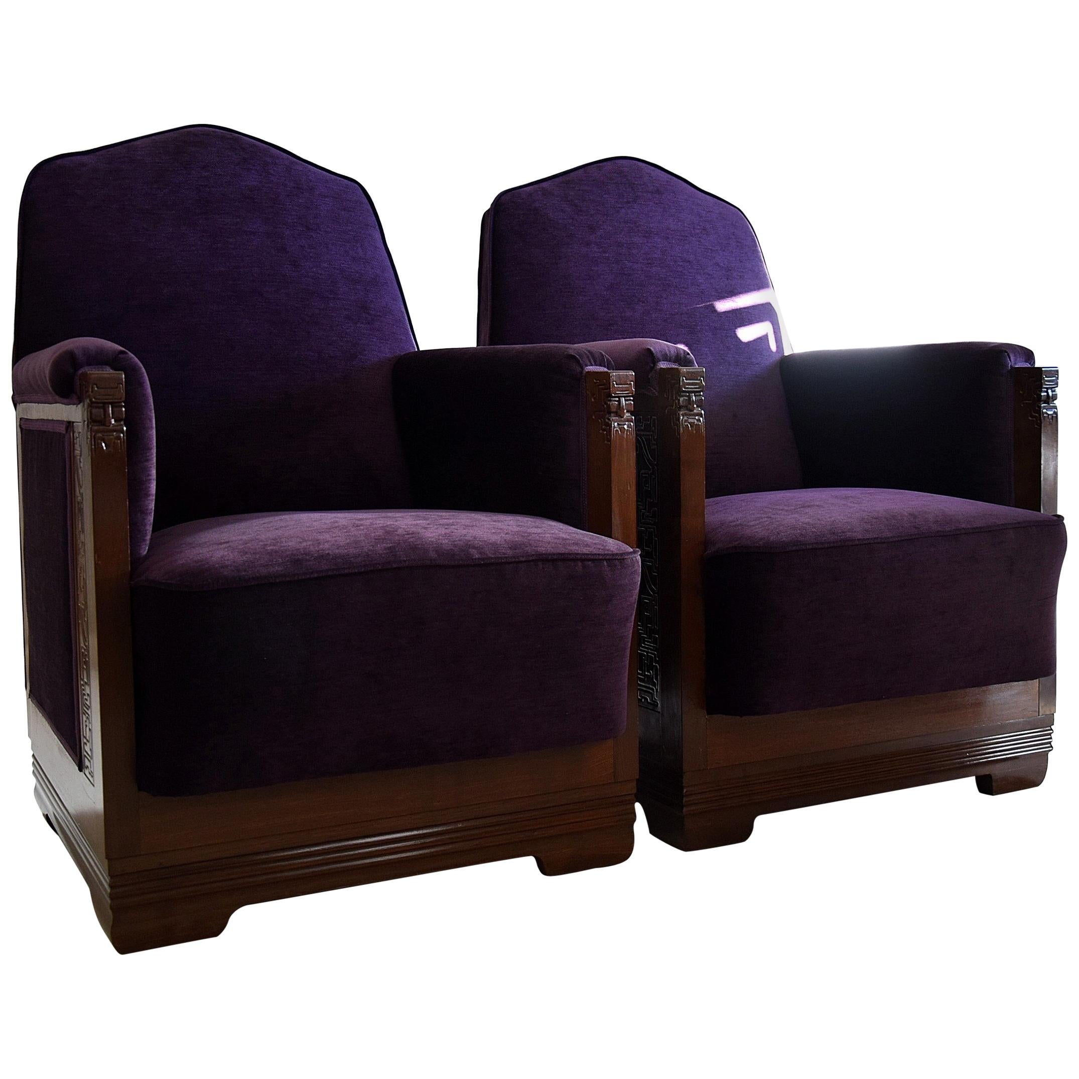 Art Deco Jatoba Purple Velvet Lion Cachet Lounge Chairs For Sale