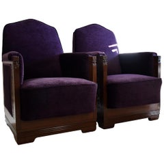 Vintage Art Deco Mahogany Purple Velvet Lion Cachet Lounge Chairs