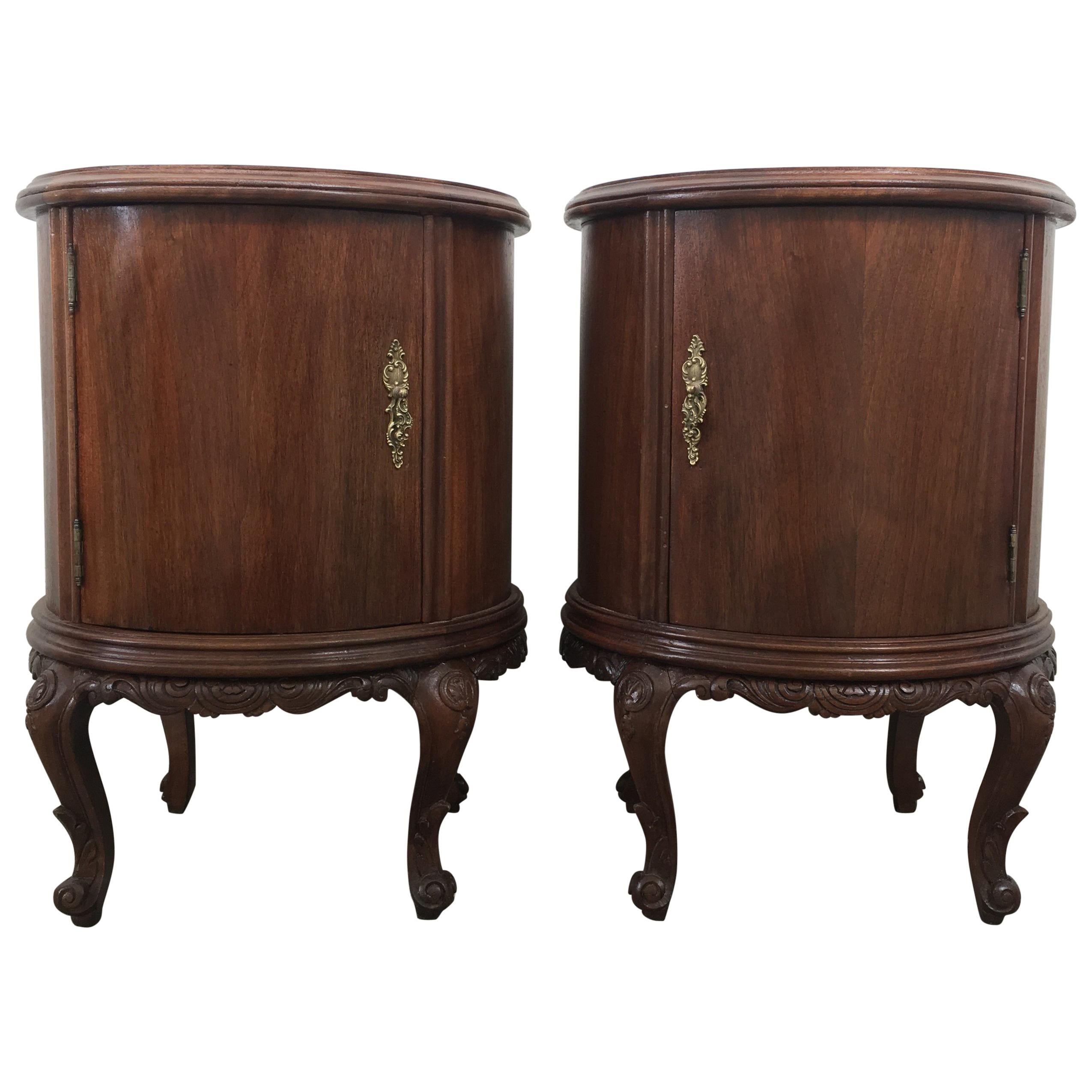 Art Deco Carved Walnut Round Nightstands, a Pair