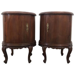 Art Deco Carved Walnut Round Nightstands, a Pair